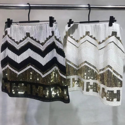 Glamorous Sequin Beaded Mini Skirt - Elegant High-Waist Party Wear