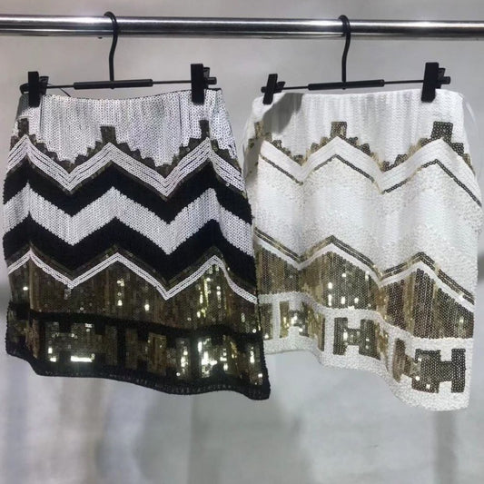 Glamorous Sequin Beaded Mini Skirt - Elegant High-Waist Party Wear