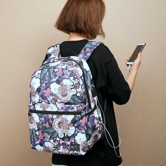 Two-Piece Large Capacity Floral Print Backpack with USB Charging Port - Peony Design
