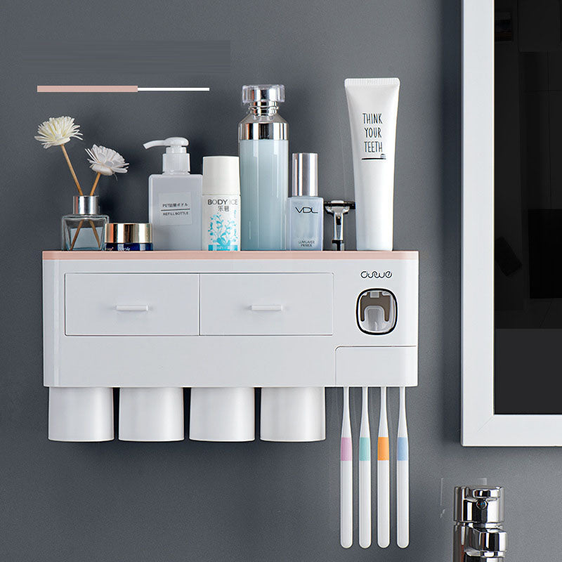 All-in-One Wall-Mounted Toothbrush Holder – Magnetic Cup Set with Automatic Toothpaste Squeezer & Storage Drawer