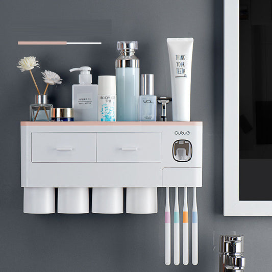 All-in-One Wall-Mounted Toothbrush Holder – Magnetic Cup Set with Automatic Toothpaste Squeezer & Storage Drawer