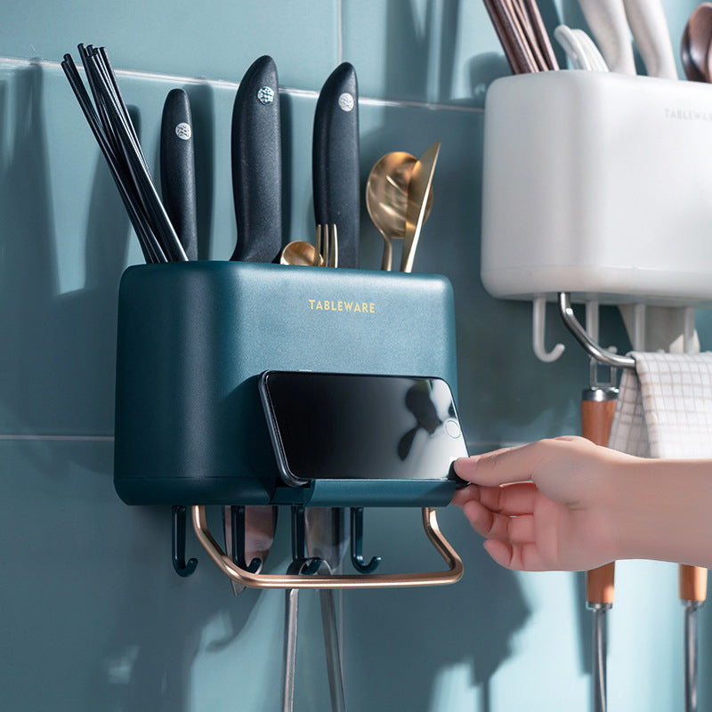 Wall-Mounted Multi-Functional Kitchen Utensil Holder - Knife Rack & Chopstick Cage Storage Organizer with Towel Bar