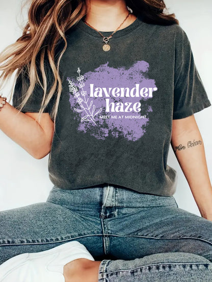 Lavender Haze' Pattern Printed Round Neck Short Sleeved T-Shirt | Graphic Slogan Tee