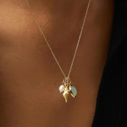 14K Gold Plated Natural Shell & Crystal Charm Necklace