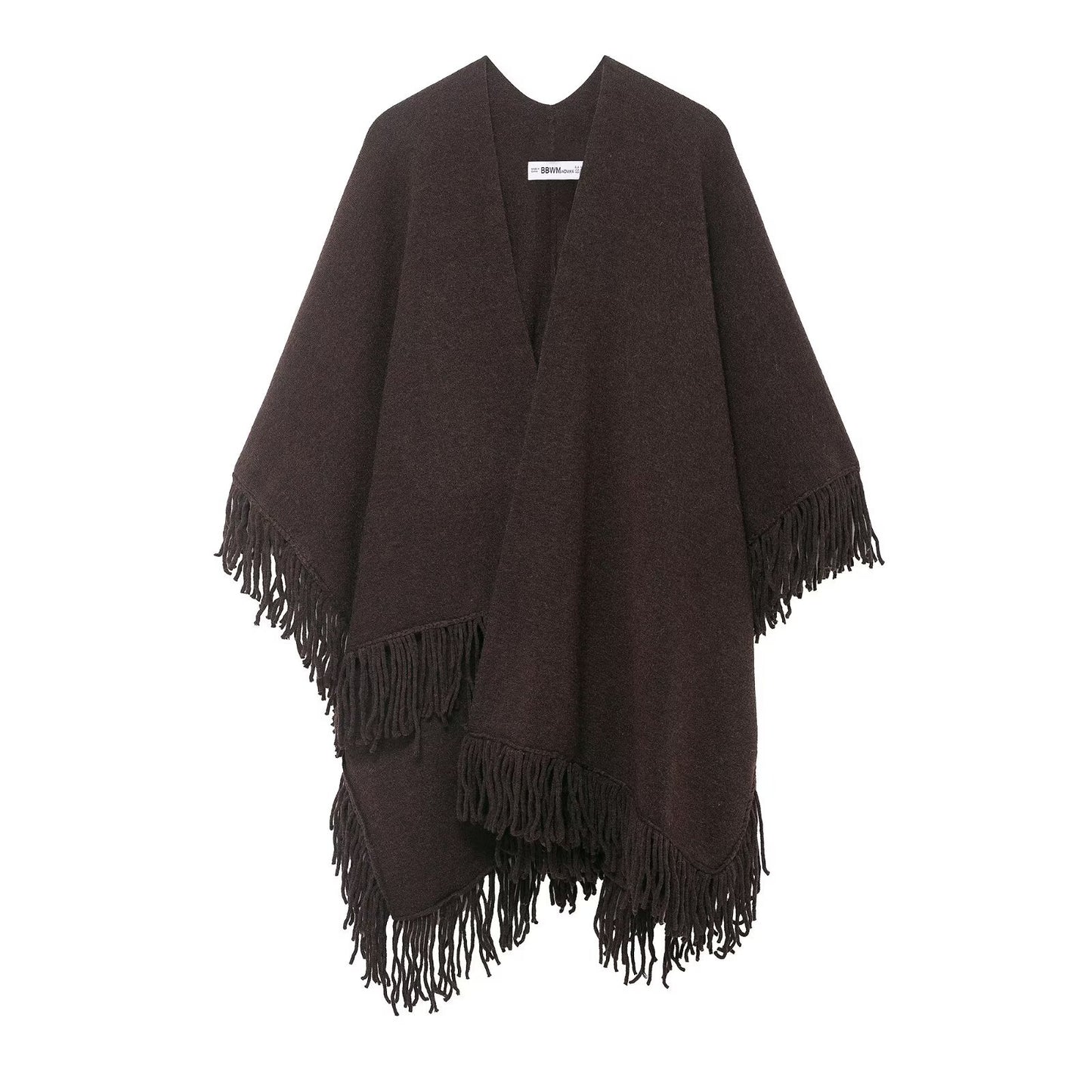 Elegant Tassel Embellished Knitted Cloak Jacket – Cozy Winter Poncho Cardigan for Women