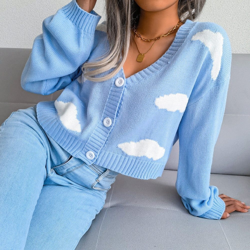 Dreamy Cloud Print Knitted Cardigan - Soft V-Neck Button-Up Sweater
