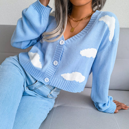 Dreamy Cloud Print Knitted Cardigan - Soft V-Neck Button-Up Sweater