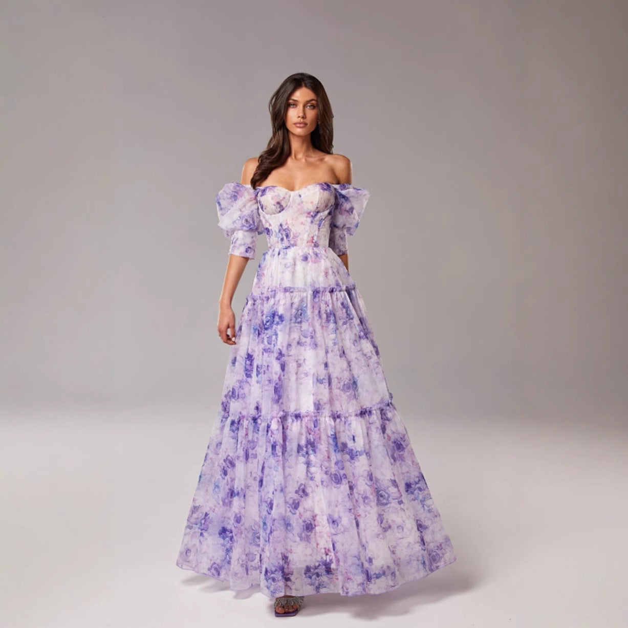 Elegant Off-Shoulder Organza Floral Maxi Dress - Premium Long Evening Gown for Women