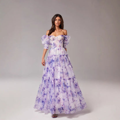 Elegant Off-Shoulder Organza Floral Maxi Dress - Premium Long Evening Gown for Women