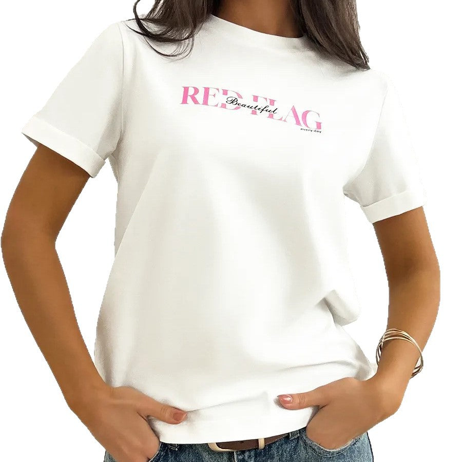 Red Flag" Slogan Printed Loose Round Neck T-Shirt for Women