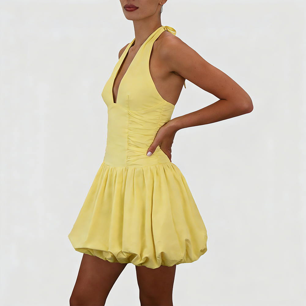 Sexy Deep V Backless Halter Mini Dress – Chic Yellow Bubble Hem Party Dress for Women