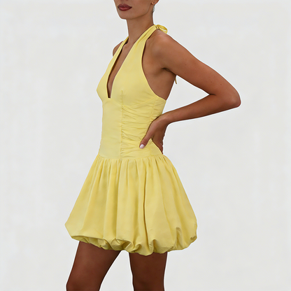 Sexy Deep V Backless Halter Mini Dress – Chic Yellow Bubble Hem Party Dress for Women
