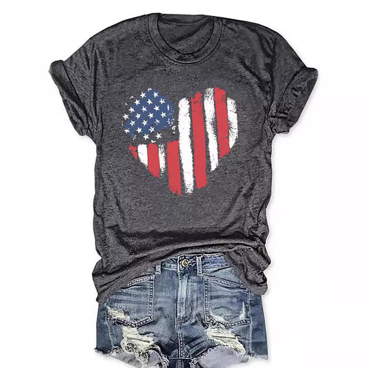 American Flag Heart Graphic T-Shirt | Patriotic Round Neck Short Sleeve Top