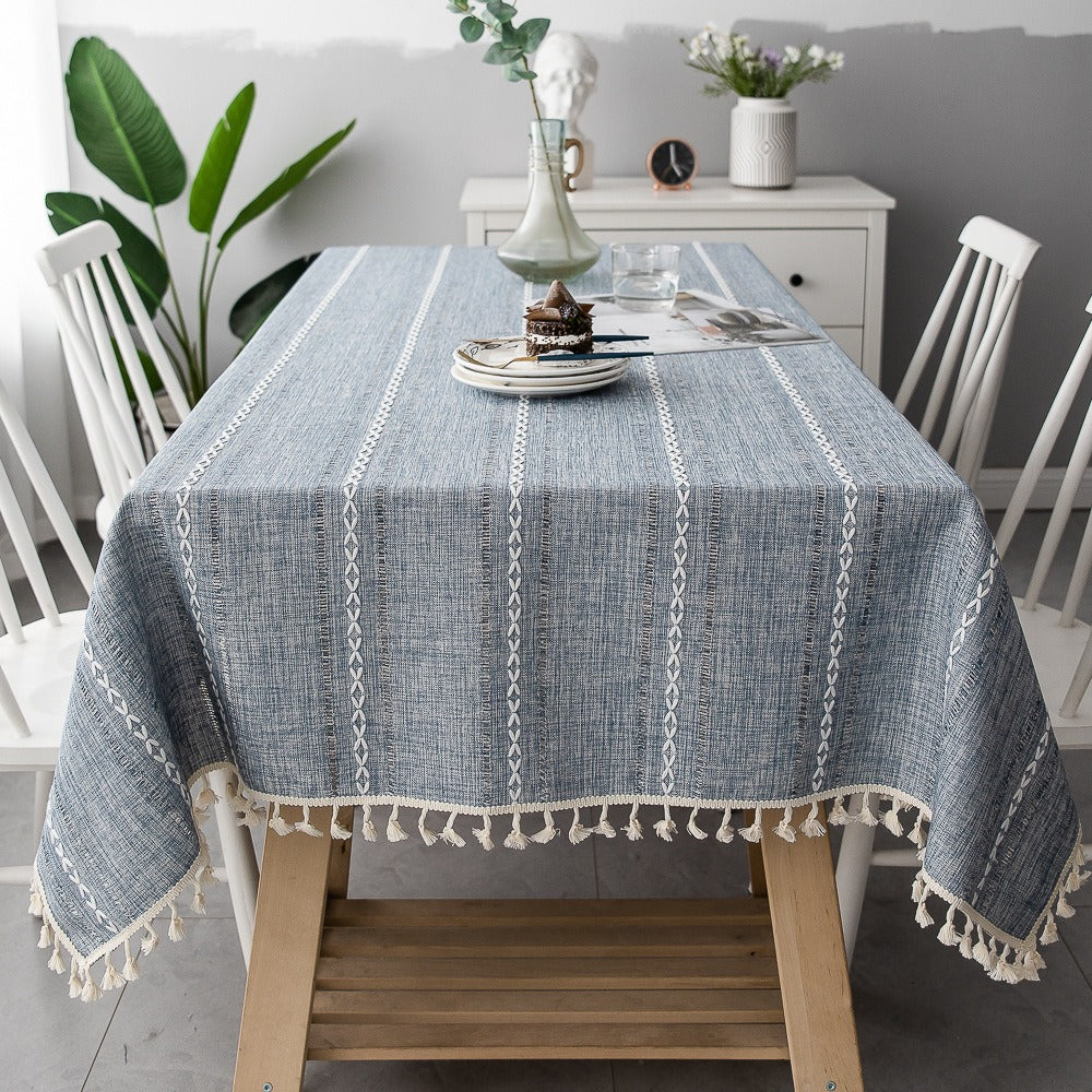 Nordic Jacquard Cotton Linen Tablecloth – Elegant Pink Long Stripe Table Cover with Decorative Tassels