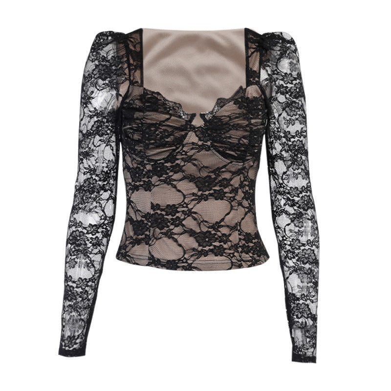 Lace Style Long Sleeved Slim Lace Shirt | Elegant Black Mesh Corset Style Top for Women