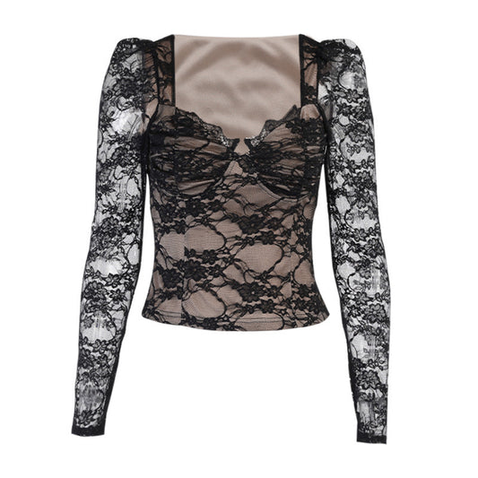 Lace Style Long Sleeved Slim Lace Shirt | Elegant Black Mesh Corset Style Top for Women