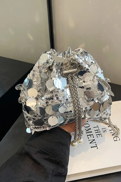 Shimmering Drawstring Sequin Pouch Crossbody Bag