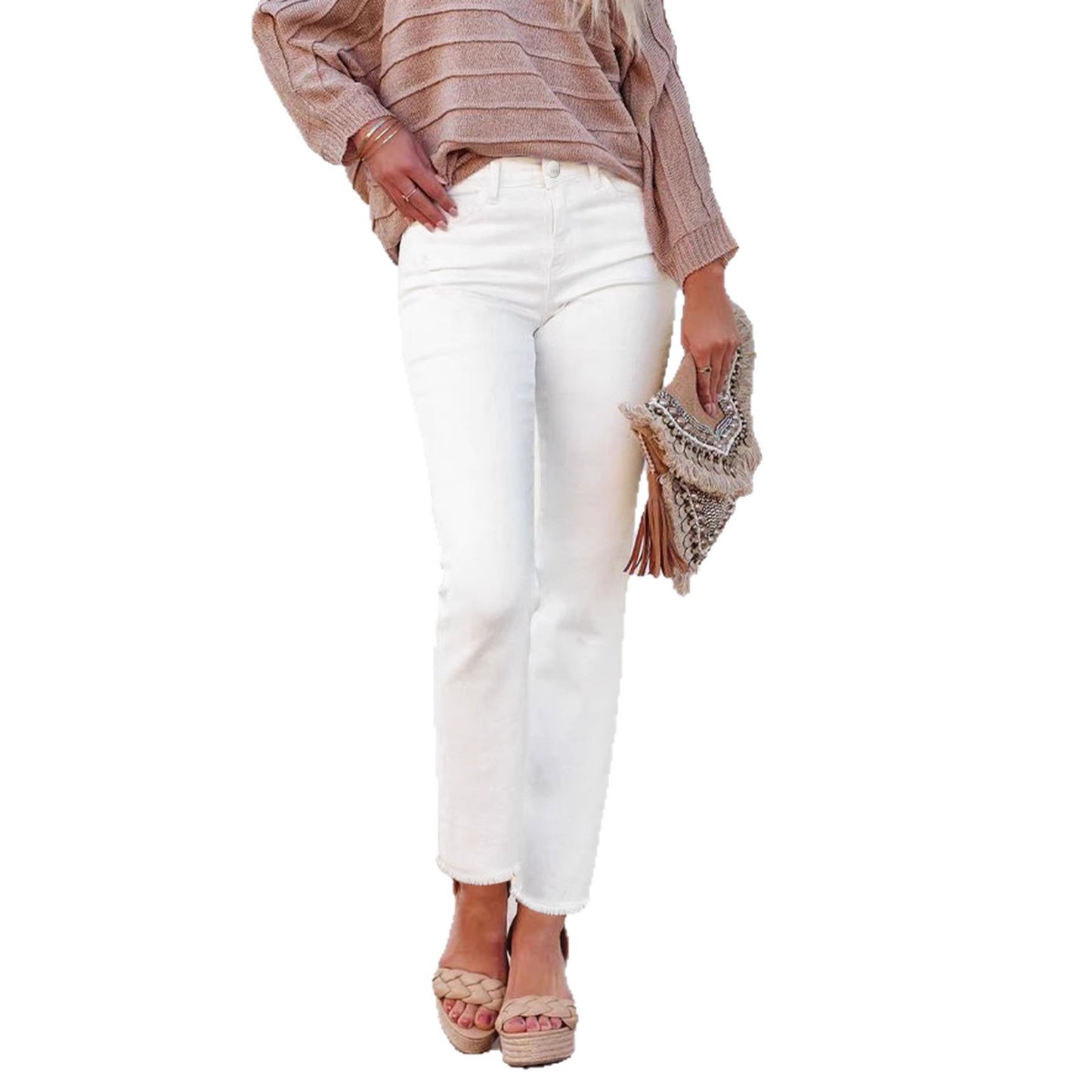 Women's High Waisted White Straight Leg Jeans - Ankle-Length Raw Hem Denim Pants