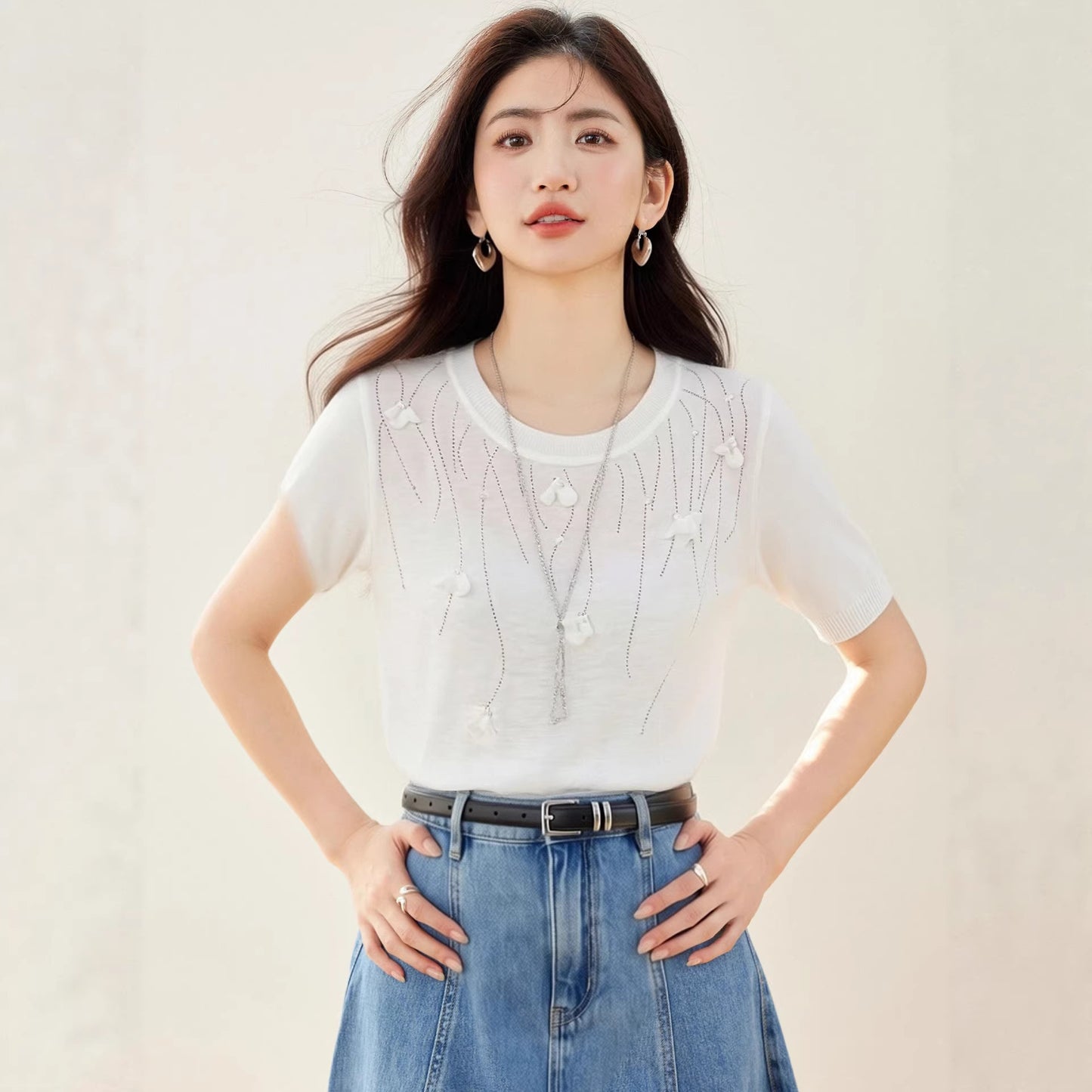 Chic Embellished Sequin Beaded Knit Top - Round Neck Office Casual Style