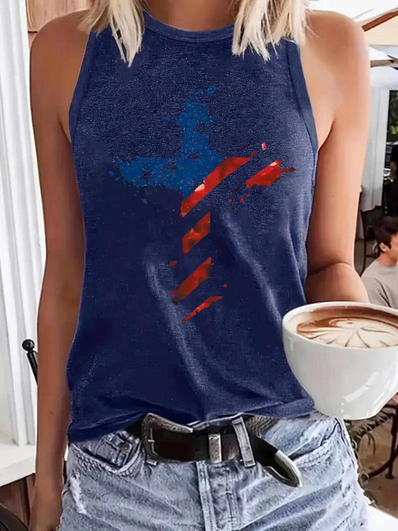Sleeveless Top T-Shirt Round Neck Pullover | Patriotic American Flag Cross Graphic Tank