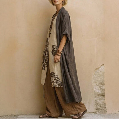 Women's Retro Embroidered Long Robe and Wide-Leg Pants Two-Piece Set