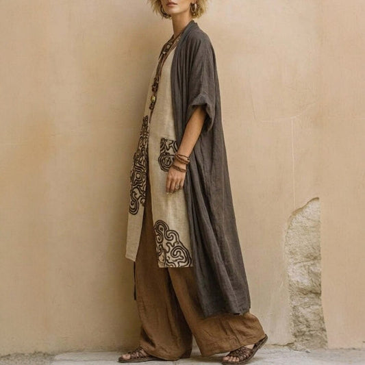 Women's Retro Embroidered Long Robe and Wide-Leg Pants Two-Piece Set