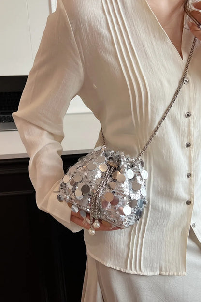 Shimmering Drawstring Sequin Pouch Crossbody Bag