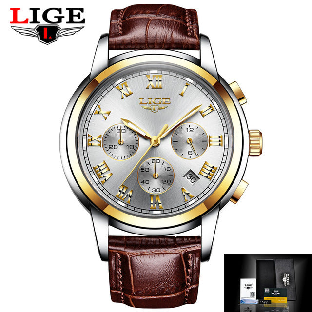 LIGE Casual Fashion Luminous Quartz Watch with Brown Leather Strap