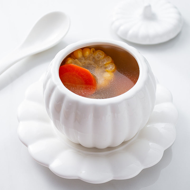 Creative Ceramic Pumpkin Soup Bowl with Lid and Saucer Set