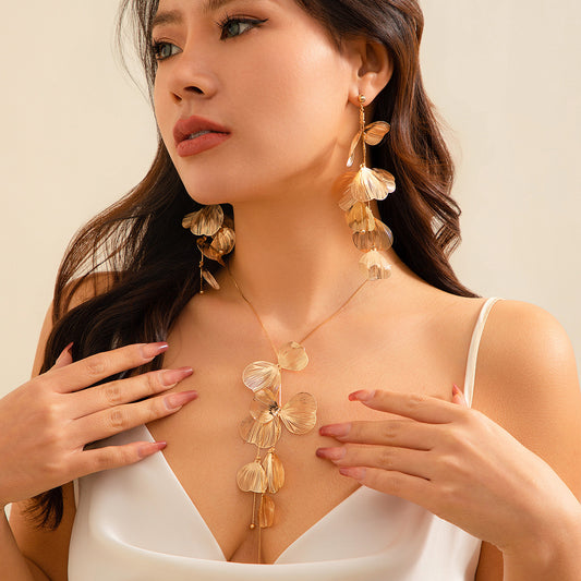 Retro Gold Ginkgo Leaf Tassel Necklace & Long Drop Earrings Set
