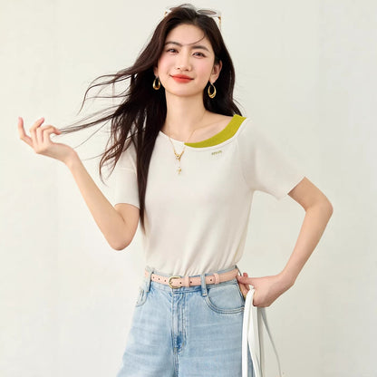 Chic Color-Blocking Knit Short Sleeve Top - Elegant Letter Embroidery Tee