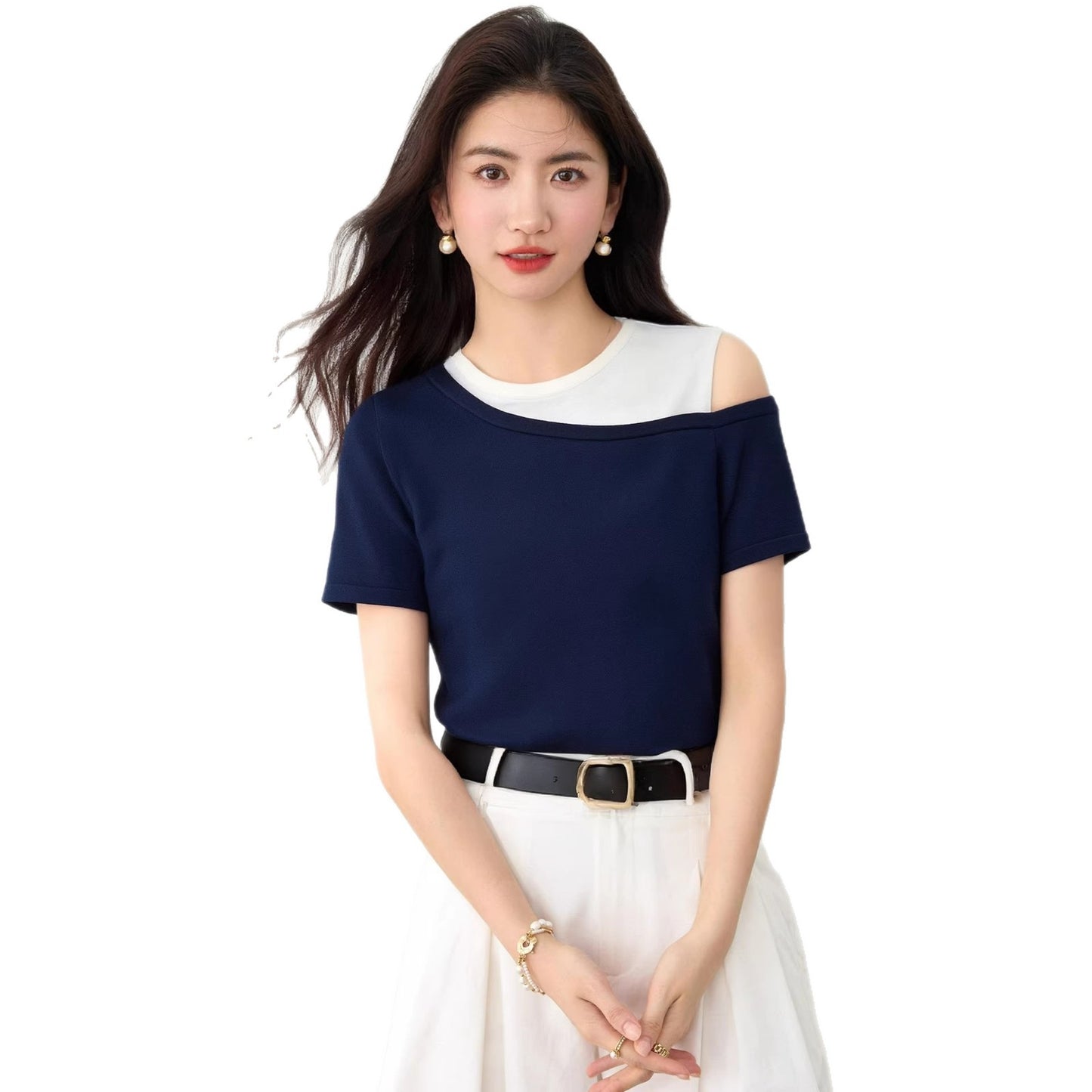 Women's Asymmetric Two-Tone Ice Silk Knit Top - Off-Shoulder Short Sleeve Blouse