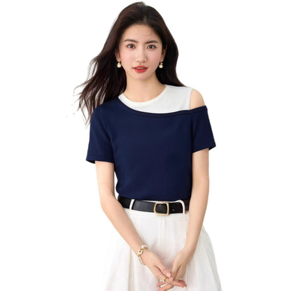Women's Asymmetric Two-Tone Ice Silk Knit Top - Off-Shoulder Short Sleeve Blouse