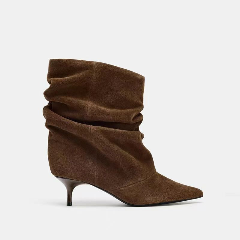 Women's Pleated Mid-Calf Boots - Pointed Toe Medium Kitten Heel Velvet Boots
