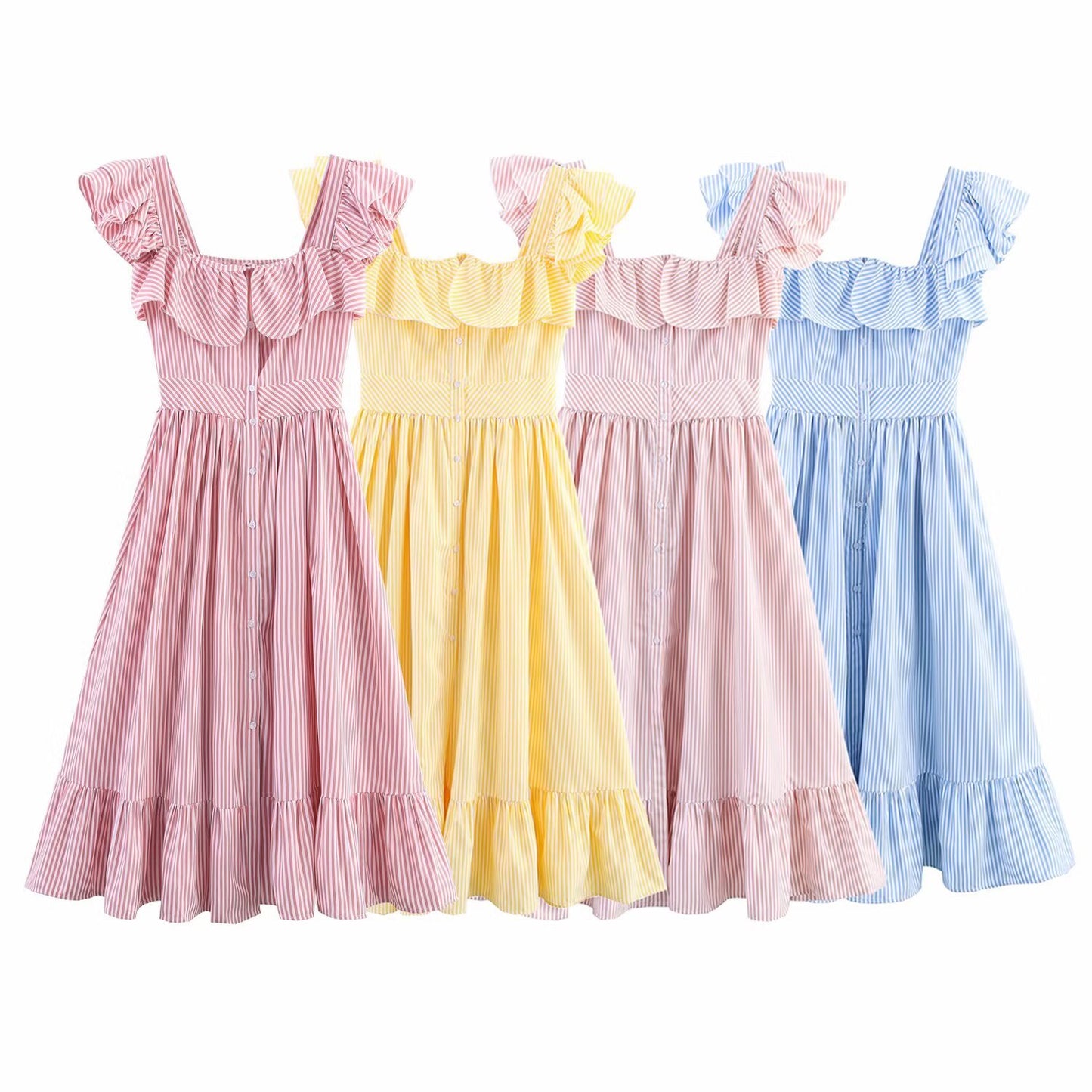 Single Breasted Striped Midi Dress - Ruffle Edge Waist Cinched Dress