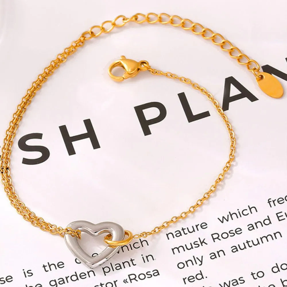 Elegant 18K Gold-Plated Two-Tone Heart Charm Bracelet for Women