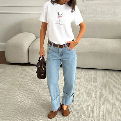 Dirty Martini" Cocktail Graphic Printed Loose Round Neck T-Shirt