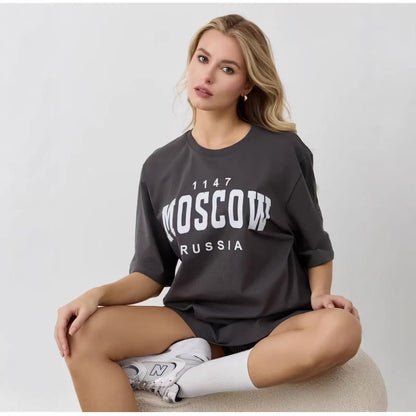 Women's "Moscow Russia" Vintage Letter Print Oversized T-Shirt