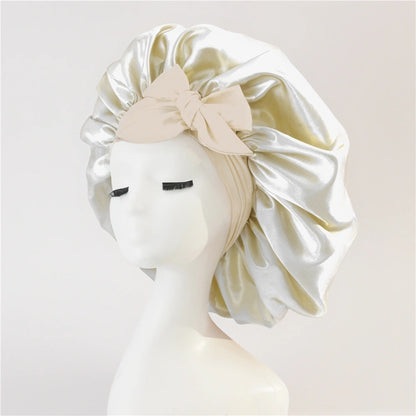 Wide-Brimmed Satin Bonnets with Elastic Ribbon Bow | Solid Color Hairdressing Sleep Cap