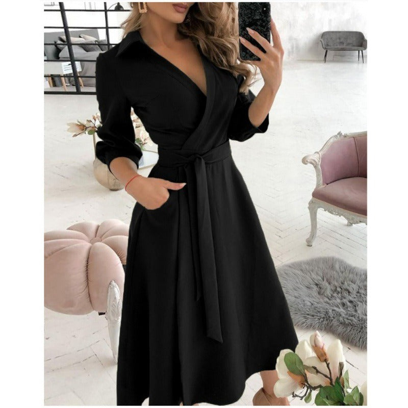Elegant V-Neck Wrap Midi Dress - Chic Long Sleeve Office & Party Wear for Women