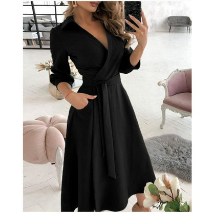 Elegant V-Neck Wrap Midi Dress - Chic Long Sleeve Office & Party Wear for Women