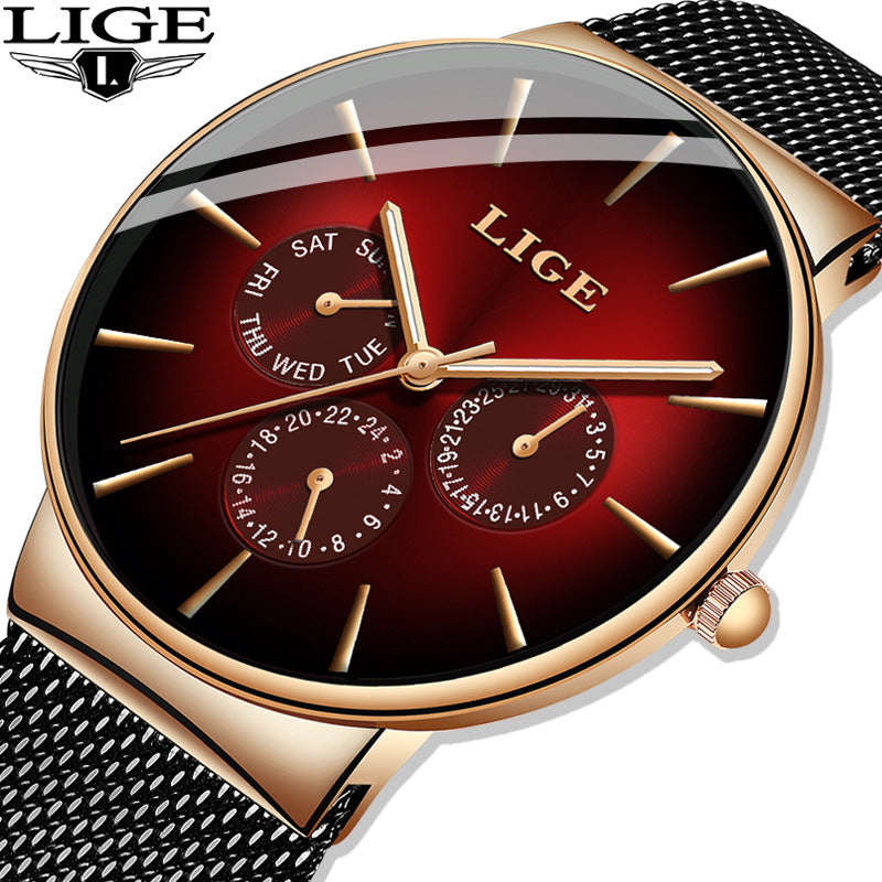 LIGE Men's Luxury Quartz Watch - Slim Mesh Strap Waterproof Business Wristwatch