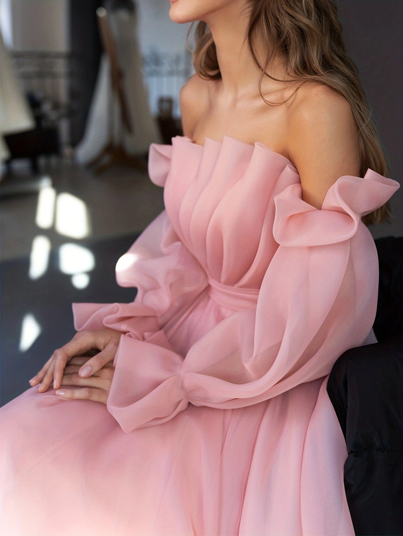 Elegant Off-Shoulder Lantern Sleeve Maxi Dress - Pleated Princess Style Evening Gown for Women