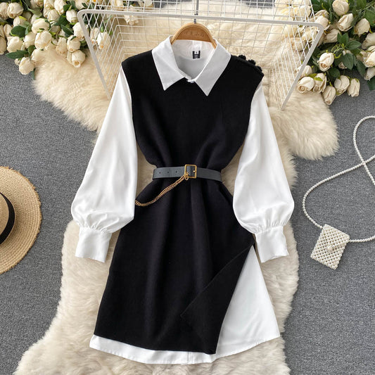French Style 2-Piece Knit Vest & Shirt Dress Set - Elegant Contrast Waist-Cinching Autumn Suit