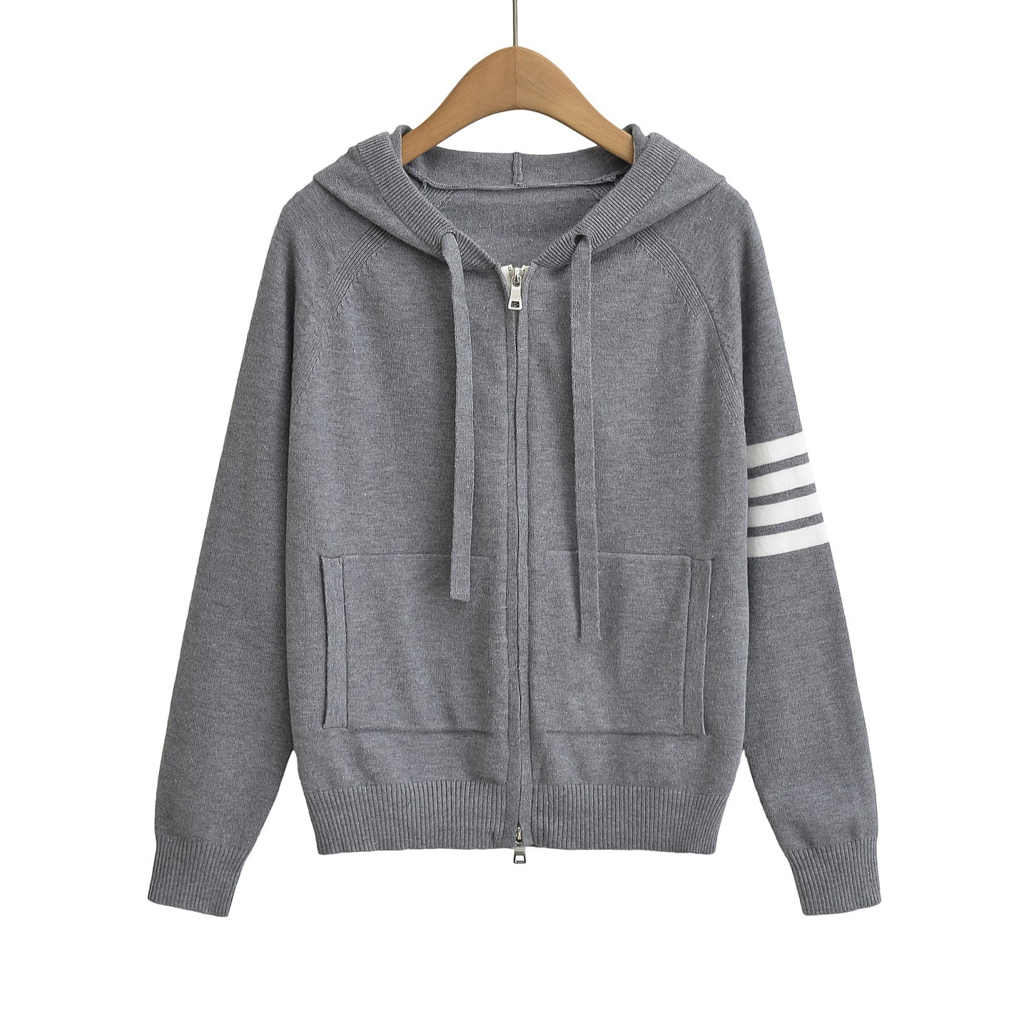 Cozy Full-Zip Hooded Knitted Sweater – Casual Striped Sleeve Hoodie for Women