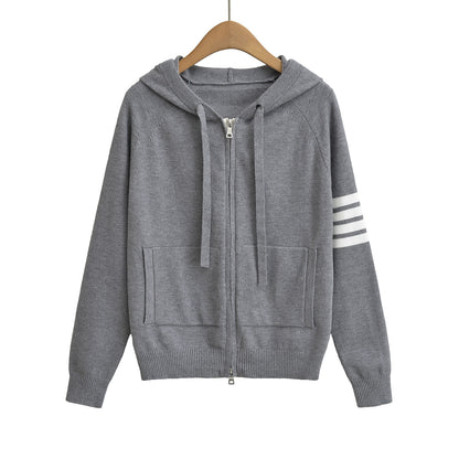 Cozy Full-Zip Hooded Knitted Sweater – Casual Striped Sleeve Hoodie for Women