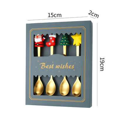 Luxury Christmas Gift Tableware Set - Gold Stainless Steel Coffee Spoon & Dessert Fork with Festive Cartoon Handles (Set of 4)