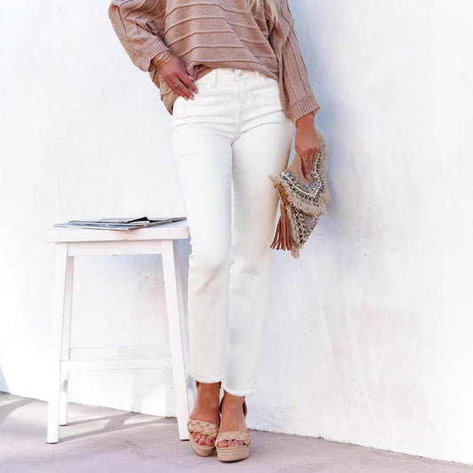 Women's High Waisted White Straight Leg Jeans - Ankle-Length Raw Hem Denim Pants