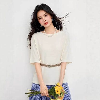 Women's Ice Silk Knit Top - Summer Loose Casual Short Sleeve T-Shirt