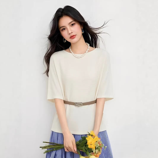 Women's Ice Silk Knit Top - Summer Loose Casual Short Sleeve T-Shirt